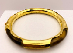 Vintage Asian Style Tiger’s Eye Gold Tone Hinged Bangle Bracelet