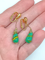 Vintage Venetian Glass Clip Earrings Dangle Hook Green Yellow Striped Cone 1.75″