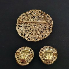 West Germany Faux Turquoise & Pearls Gold Tone with Enameling Brooch & Earrings