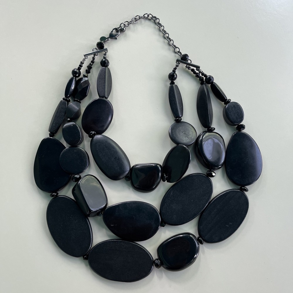 Vintage Style Black Triple Strand Beaded Necklace