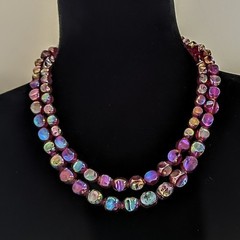 West Germany Lucite Double Strand Burgundy AB Coated Vintage Necklace 20″