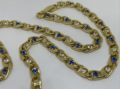 Vintage NECKLACE Chain Link w Clear & Blue Sapphire Rhinestones 22” L x 5.7mm W