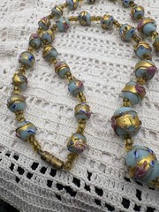Vintage Murano Venetian Sky Blue Wedding Cake Fiorato Gold Foil Necklace 19”