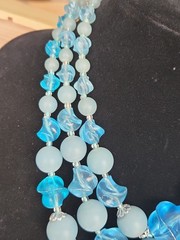 Vtg W Germany Light Blue AB Beads Triple Strand Necklace & Clip On Earring Set