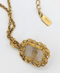 Vintage 1928 Porcelain Rose Frosted Glass Pendant Necklace Gold Tone Pink Flower