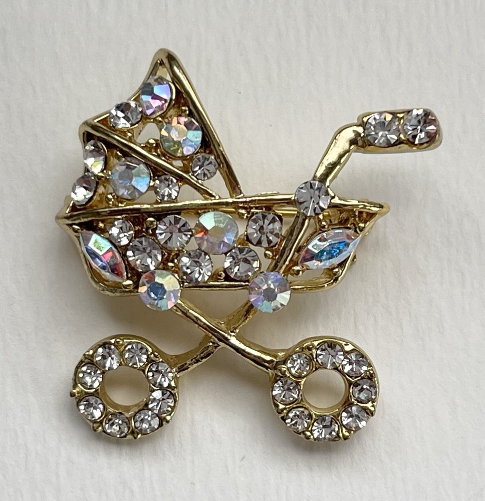 Baby Stroller Brooch Pin Pink AB Rhinestone Crystal Silver Tone Shower Gift