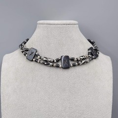 Vintage African Wood Bead Choker Necklace Silver tone Beads Tie Back Adj