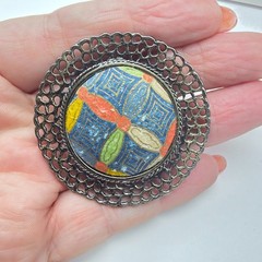 Blue Green Orange Yellow Cloth Covered Black Metal Dual Pendant Brooch Vintage