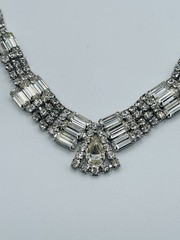 Vintage Unsigned Rhodium Plated Art Deco Inspired Clear Crystal Full Parure Set