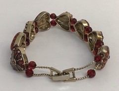 VIntage Monet Heart Bracelet Double Chain Strung Red Beads Bronze Hearts