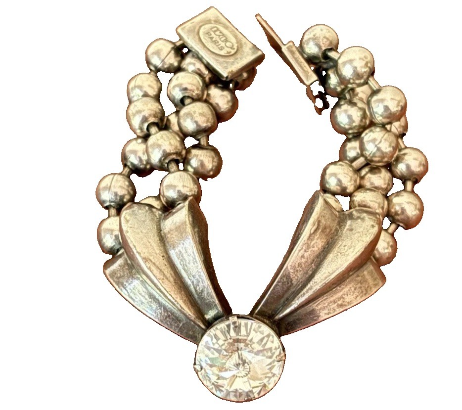 Ikuo Ichimori Paris Bracelet Antique Silver Tone Metal Lg Rhinestone 6″ VTG