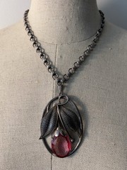 Vintage Art Nouveau Pink Glass 3.25” Pendant Bookchain Necklace 18” Chain