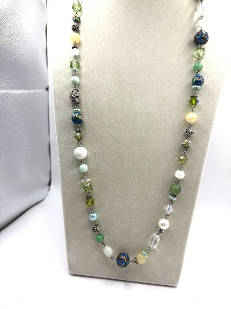 Green & Blue Cloisonne White And Sand Colored Beaded Necklace Silver Tone