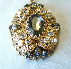 Vintage West Germany Filigree Smoky Gray Rhinestone Faux Pearl Necklace