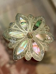 Vintage Alpaca Silver Abalone Inlay Floral Brooch Pendant 1 1/2” Mexico