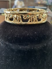 gold tone elephant hinged bracelet Trunks Up Green Eyes Unsigned