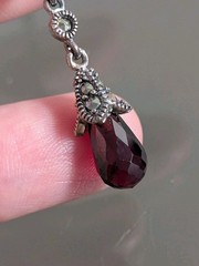 Vintage Unused W/Box Sterling Silver Garnet & Marcasite Station “Y” Necklace