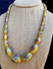 CZECH 1920’S NECKLACE YELLOW SATIN GLASS BEADS WITH FLOWERS 19.6″ Long