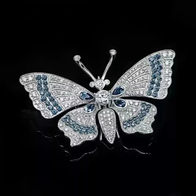 3Ct Round Cut Real Moissanite Butterfly Brooch Pin Pendant 14K White Gold Plated