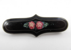 Vintage Sterling Silver Black Enamel & Pink Rose Small Bar Pin, Brooch 1-1/8″