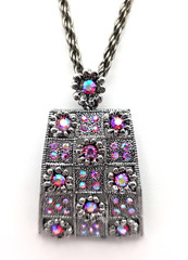AB Rhinestone Pendant Necklace Aurora Borealis AB Gunmetal Windowpane Floral 28″
