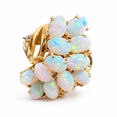 Modernist 14K Gold Opal Cluster Ring 12 Natural Opals Size 7.75 Vintage Fire!