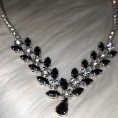 designer B David Rhinestone Necklace vtg black Clear and silver Signed Bridal