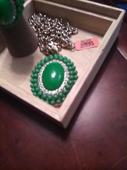 Green Oval Chabacon, Bead, & Rhinestone Statement Ring & Pendant On 22″ Goldtone