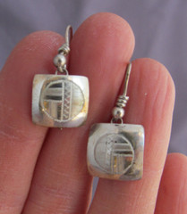 VINTAGE OLD PAWN STERLING HOPI HOWARD SICE ETCHED SQUARE DANGLE PIERCED EARRINGS