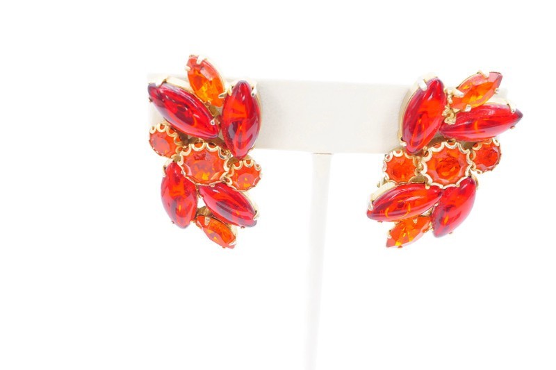 Vintage Clip On Earrings Gold Tone Red Orange Rhinestone