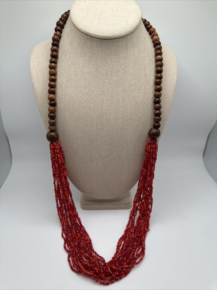 Vintage Red Glass Seed Bead Necklace Multi Strand with Wood Beads 34”