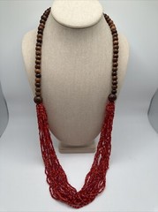 Vintage Red Glass Seed Bead Necklace Multi Strand with Wood Beads 34”
