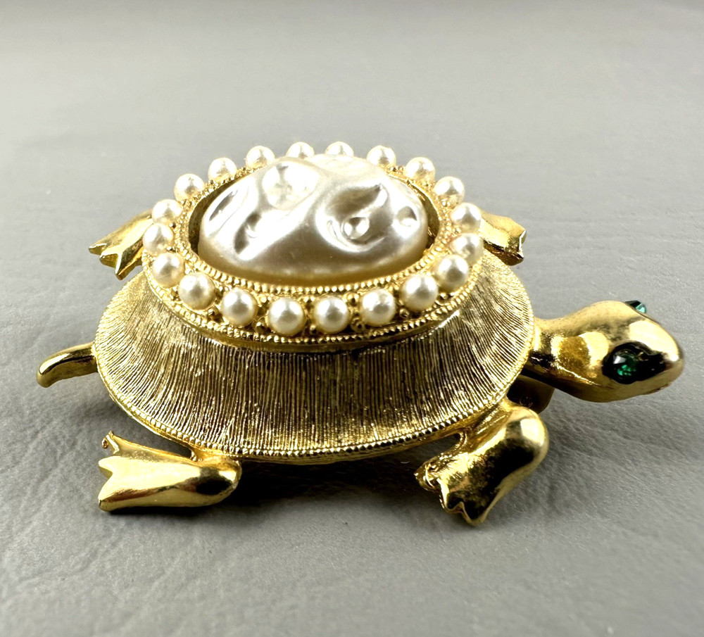 Vintage JJ Jonette Turtle Brooch Gold Tone Faux Pearl Cameo Figural Pin