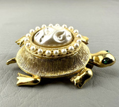Vintage JJ Jonette Turtle Brooch Gold Tone Faux Pearl Cameo Figural Pin
