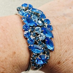 Vintage Blue Navette Rhinestone Hinged Bangle Bracelet SilverTone Statement Glam