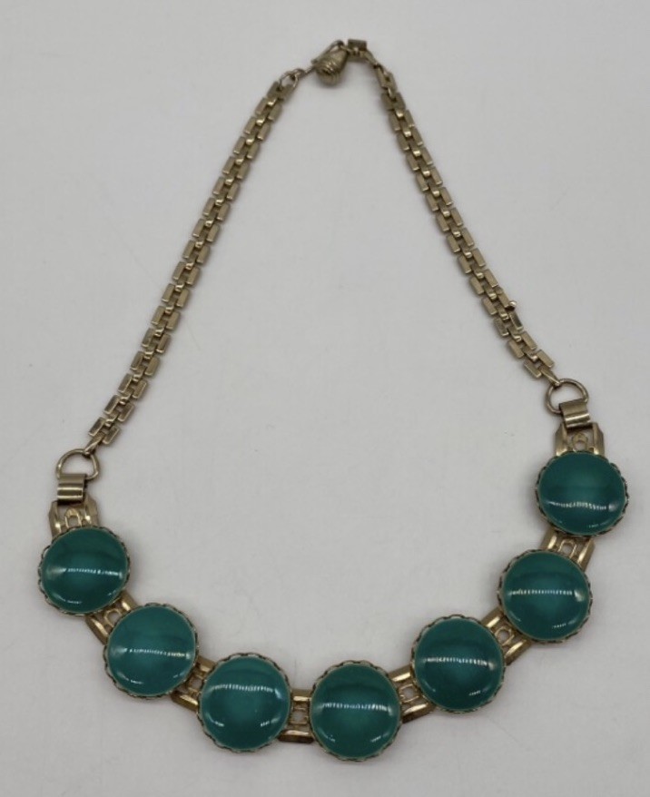 Vintage MCM Cabochon Statement Necklace Collar Green Gold Tone Retro