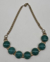 Vintage MCM Cabochon Statement Necklace Collar Green Gold Tone Retro
