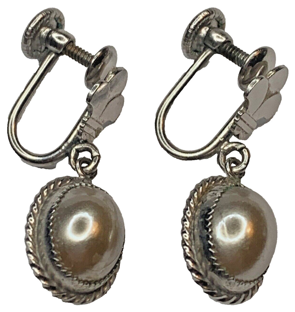 Vintage JMS 12K White Gold Filled GF Oval Cabochon Dangle Screwback Earrings 1”