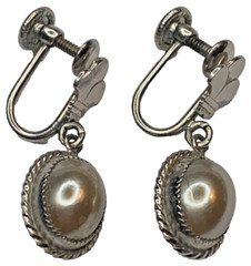 Vintage JMS 12K White Gold Filled GF Oval Cabochon Dangle Screwback Earrings 1”