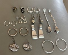 Vintage Silver Tone Earrings Lot Of 11 Pairs Hoops Dangling Post