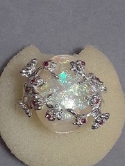 Opalite cabochon ring W/cherry blossom design silvertone metal red stones size 6