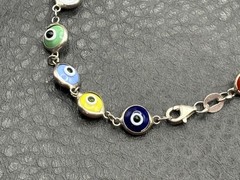 Vintage Sterling Silver 925 Multicolor Glass Evil Eye Link Bracelet 7.5″