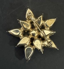 Vintage Black Flower Starburst Star Rhinestones Mid Century Gold Tone Brooch Pin