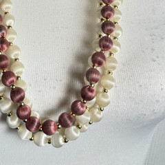 Lot of 3 Vintage Silk Wrapped Bead Necklaces Champagne Mauve Gold Tone 30in 50s