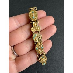 Vintage Victorian Revival Slide Charm Bracelet 60s Sweetheart Lucky Gold Tone