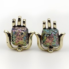 Vintage Guilloche Peacock Iridescent Tulip Clip On Earrings Oil Slick Gold Tone