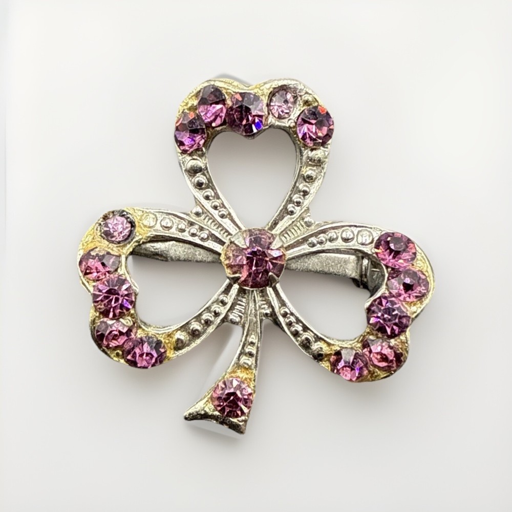 Vintage Brooch Pin Clover Silver Tone Purple Rhinestone J110