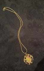 Vintage Faux Pink Opal Dragon Frame Gold Tone Pendant Necklace