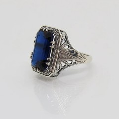 Art Deco Sapphire Ring Silver Vintage Filigree Blue Emerald Statement Jewelry