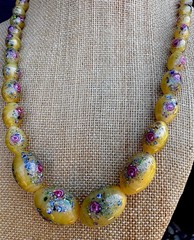 CZECH 1920’S NECKLACE YELLOW SATIN GLASS BEADS WITH FLOWERS 19.6″ Long